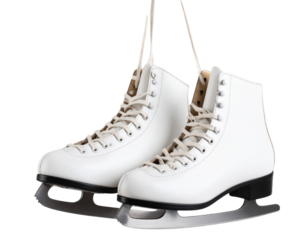  Pair of White Figure Skates Tied Together by Laces, Hanging Front View, Isolated PNG