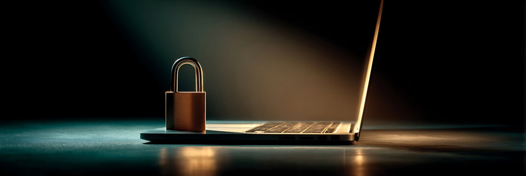 Conceptual image of cybersecurity with lock and laptop display
