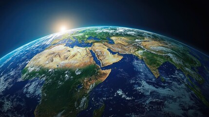Fototapeta premium The Earth's surface with the sun shining over the Middle East and Africa. 