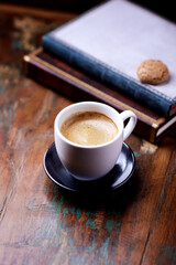 Cup of coffee on wooden background. Soft focus. Copy space	