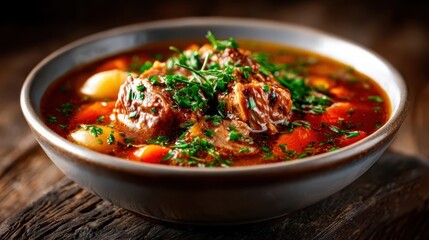 A rustic bowl of hearty meat stew brimming with tender chunks of beef, assorted vegetables, and fresh herbs, inviting comfort and warmth in every bite.