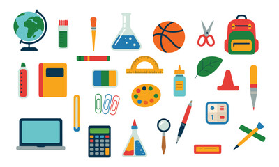 Colorful Vector Icon Set of School and Education Supplies &ndash; Books, Ruler, Pencils, Backpack, Calculator, and Stationery Elements, Graphic Design