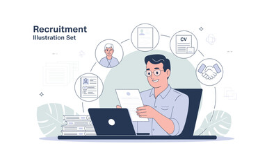 Modern Recruitment Illustration: Man Reviewing Applications and Resumes for Hiring Process, Showcasing CVs, Candidates, and Successful Handshake Agreements, Aiding HR Decisions.