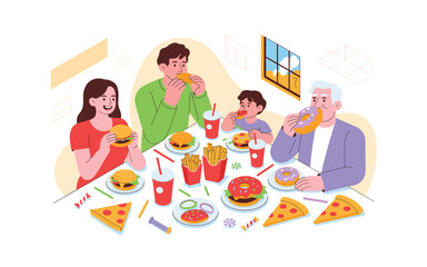 Family Enjoying a Fast Food Feast Together: Burgers, Pizza, Fries, and Donuts in a Whimsical and Colorful Vector Illustration