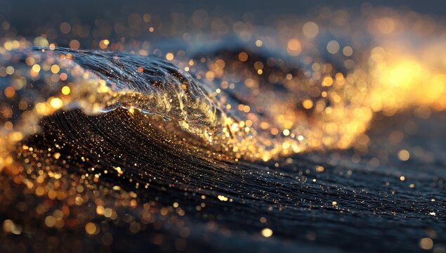 Golden waves of light on a dark surface. Sparkling, translucent waves cascade over a dark, textured surface,  illuminated by glowing particles
