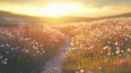 AI Generated - Path winding through a field of wildflowers at sunset, with the sky in the background blurred out. Professional stock photography for commercial use. High-resolution. Premium quality.
