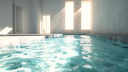Fototapeta premium AI Generated - Indoor swimming pool in the middle of a room, with a wall and windows in the background. Professional stock photography for commercial use. High-resolution. Premium quality. -