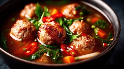 A steaming bowl of savory meatball soup, enriched with vegetables and herbs, presenting a comforting meal, perfect for gatherings, family dinners, or cozy nights at home.
