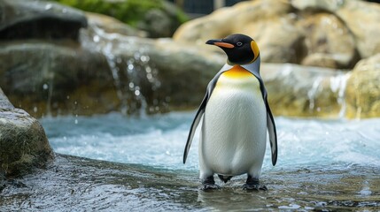 Fototapeta premium A king penguin standing in a rocky, rocky water body with a waterfall in the background.