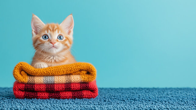 An adorable ginger kitten with bright blue eyes sits perched on a pile of colorful, knitted blankets against a calming blue backdrop. Charming kitty! - Powered by Adobe