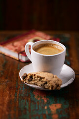 Cup of coffee on wooden background. Soft focus. Copy space	