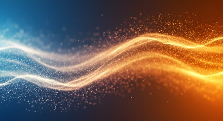 Abstract digital illustration featuring flowing waves of light particles transitioning from cool blue to warm orange hues.