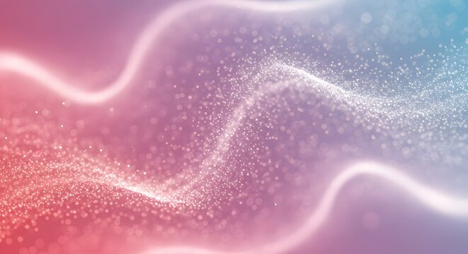 Abstract digital art featuring flowing, glowing lines and shimmering particles against a gradient background of pink, purple, and blue. - Powered by Adobe
