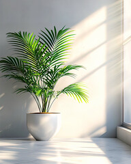 AI Generated - Potted palm tree sitting on top of a white floor next to a window, with a wall in the background. Commercial illustration artwork for business applications. High-resolution. Premium.