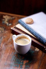 Cup of coffee on wooden background. Soft focus. Copy space	