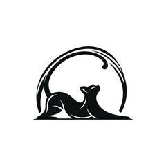 Elegant silhouette of a stretching cat under an arching line, symbolizing grace and flexibility