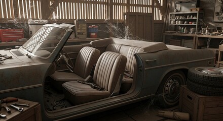 Dusty Vintage Convertible in a Rustic Garage with Cobwebs and Tools
