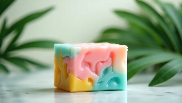 Vibrant Pastel Soaps Resting on Tropical Leaves