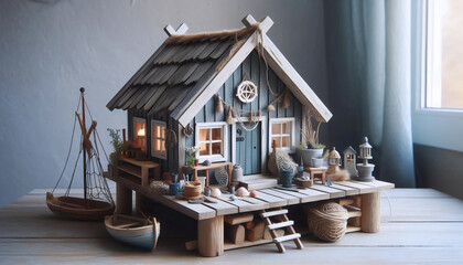 A miniature Nordic fishing hut dollhouse, AI generated image