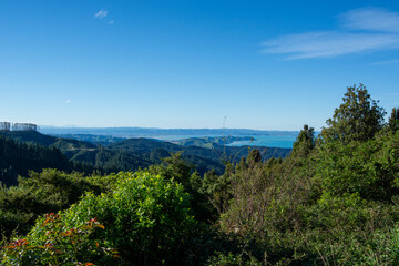 Panoramic View of Lush Green Hills and Blue Bay
