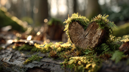 Wooden stump in heart shape with moss in quiet forest at dawn. Love and environmental awareness concept.
