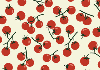 Seamless pattern of fresh cherry tomatoes isolated on white background, featuring a vibrant and colorful design ideal for kitchen decor and culinary themes
