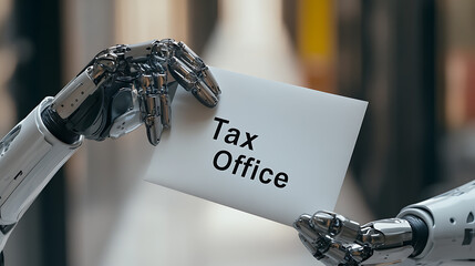 Automation in Taxation: A robot hand displays 'Tax Office', representing the increasing role of artificial intelligence in handling financial processes.