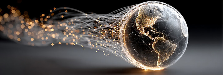 Digital earth with network of light trails and dotted connections