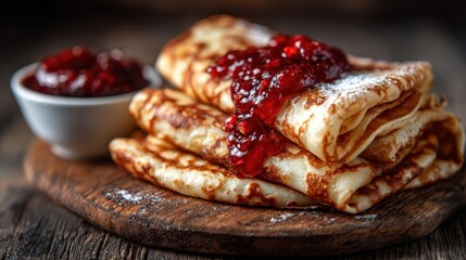 A mouthwatering dish of soft crepes stacked high, drizzled with berry jam, offering a delightful combination of flavors and textures for a sweet treat.