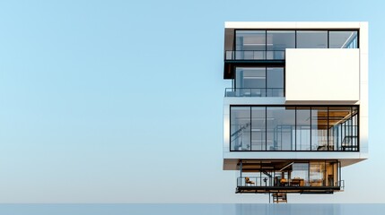 Modern, minimalist, floating house design with glass facade and wooden accents