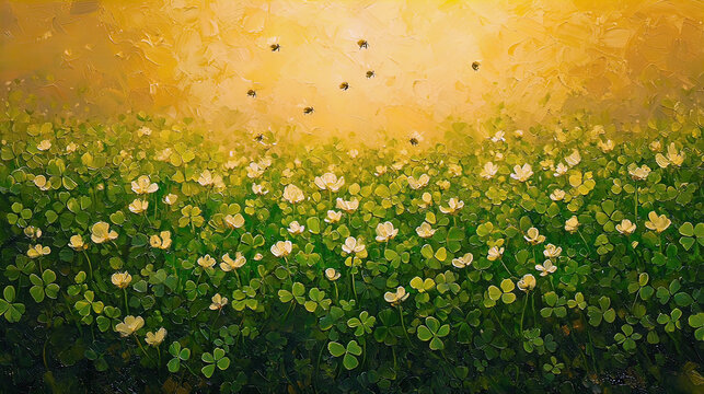 AI Generated - Field of clover flowers with bees buzzing around them, creating a vibrant and colorful scene. Commercial illustration artwork for business applications. High-resolution. Premium.