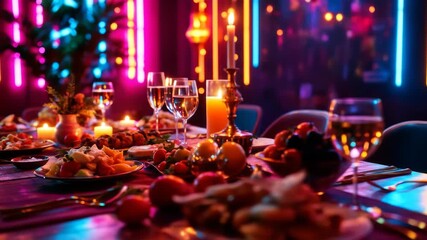 Festive dinner setup with glowing neon lights and candlelit setting for a celebration