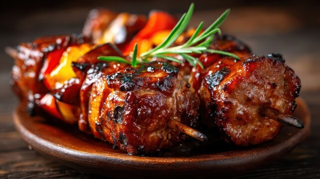 A mouth-watering presentation of grilled meat skewers alongside vibrant vegetables, showcasing rich colors and the juiciness of perfectly cooked proteins.