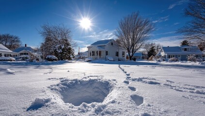 Snowy residential street, sunlit, footprints in the snow