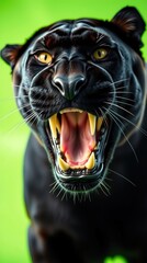 Obraz premium Ferocious black panther growls intensely against a vibrant green background outdoors