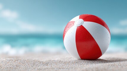 A colorful beach ball rests on sandy shore, with a blurred ocean backdrop, evoking a fun, summery atmosphere.