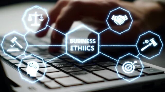 Business Ethics Concept Typing on Laptop with Ethical Principles Icons
