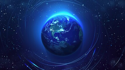 Obraz premium Blue background with the planet Earth in the center, surrounded by glowing lines and stars. A space-themed illustration for digital marketing or social media promotion of Earth Day. 