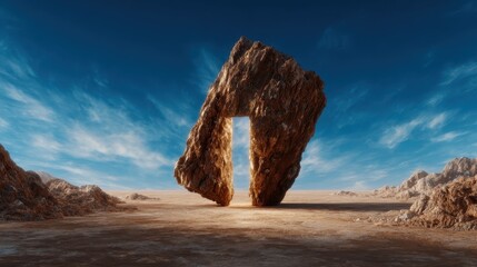This surreal image features a monumental rock formation resembling a gateway set against a vast desert landscape, invoking feelings of mystery and adventure.