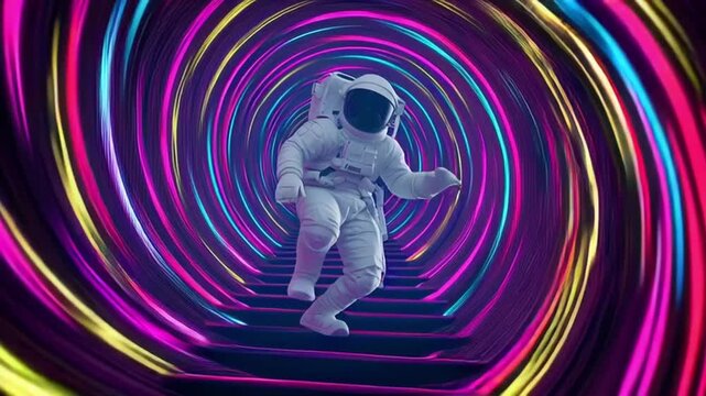 Astronaut climbing glowing neon spiral staircase in space, each step warping space time, gravity distortion, interstellar flickering neon stripes sci-fi 3D visual gateway fourth dimension