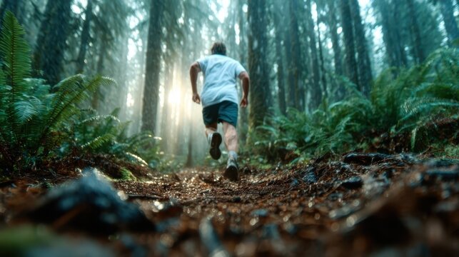 A dynamic shot of a runner navigating through a misty forest trail, surrounded by lush greenery, emphasizing the vigor of outdoor exercise and connection with nature.