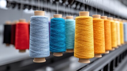 Spools of colorful thread hanging in a textile factory, showcasing vibrant hues of blue, yellow, red, and green, highlighting the world of sewing and crafting.