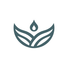 Minimalist design featuring a water droplet above stylized green leaves, symbolizing nature's purity