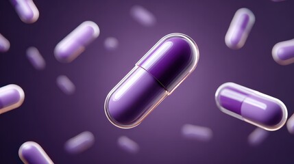 A vibrant digital illustration of purple capsules floating against a dark background, symbolizing health and pharmaceuticals.