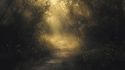 AI Generated - Path winding through a forest at night, illuminated by the light of the setting sun. Professional stock photography for commercial use. High-resolution. Premium quality. Professional.
