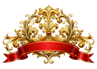 Ornate golden flourish with red ribbon on black background