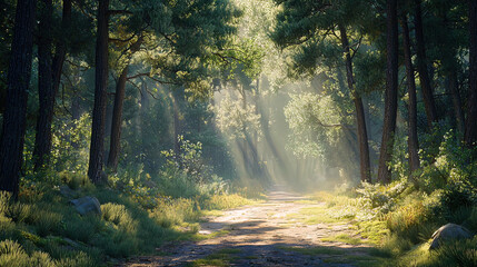 Naklejka premium AI Generated - Path winding through a lush green forest, with tall trees on either side. Professional stock photography for commercial use. High-resolution. Premium quality. Professional grade.