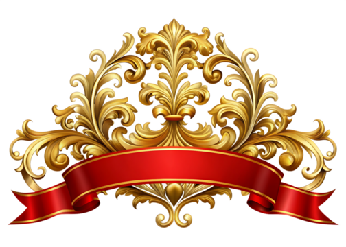 Ornate golden flourish with red ribbon on black background