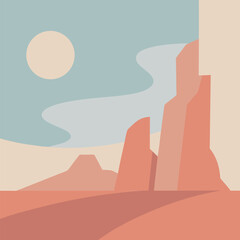 Vector art of desert landscape with rock formations and sun
