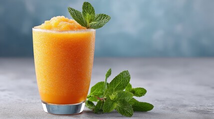 A refreshing orange slush in a glass garnished with mint leaves, perfect for a warm day.